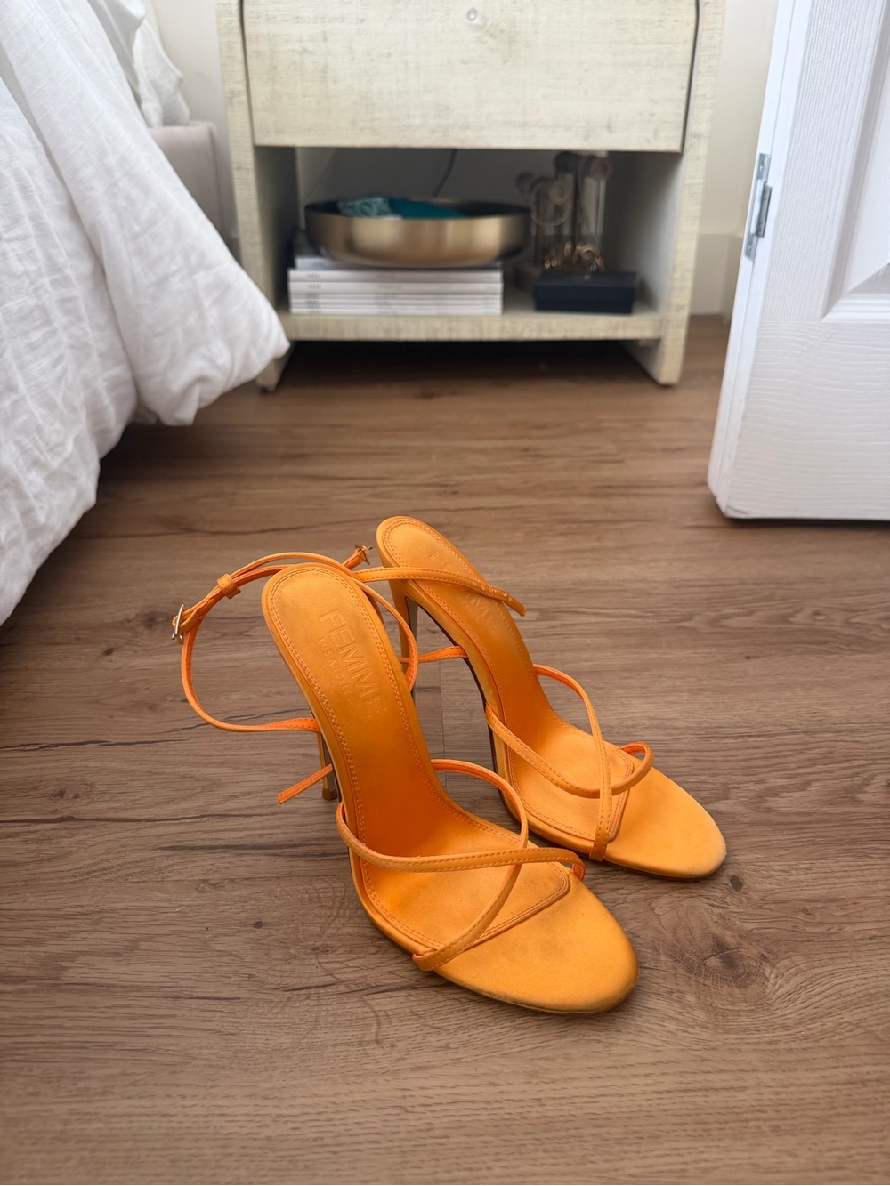 FEMME LA Orange Stiletto Sandals with Ankle Strap